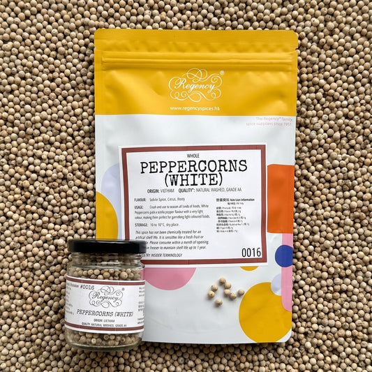 Peppercorns (White) Regency packaging on bed of peppercorns