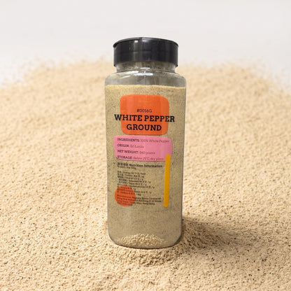 White Pepper Powder jar on bed of ground white pepper powder