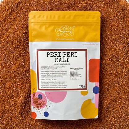 Peri Peri Salt Regency packaging on bed of peri peri salt