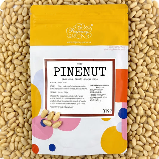 Pinenuts (Jumbo) Regency packaging on bed of pinenuts