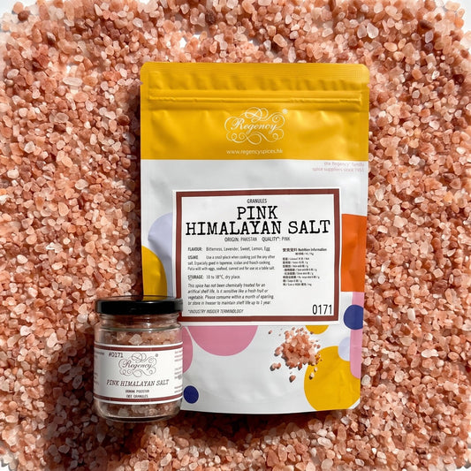 Pink Himalayan Salt Granules Regency packaging on bed of pink himalayan salt granules