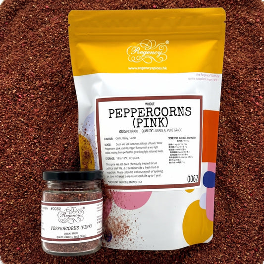 Peppercorns (Pink) Powder - Regency Spices packaging on product bed