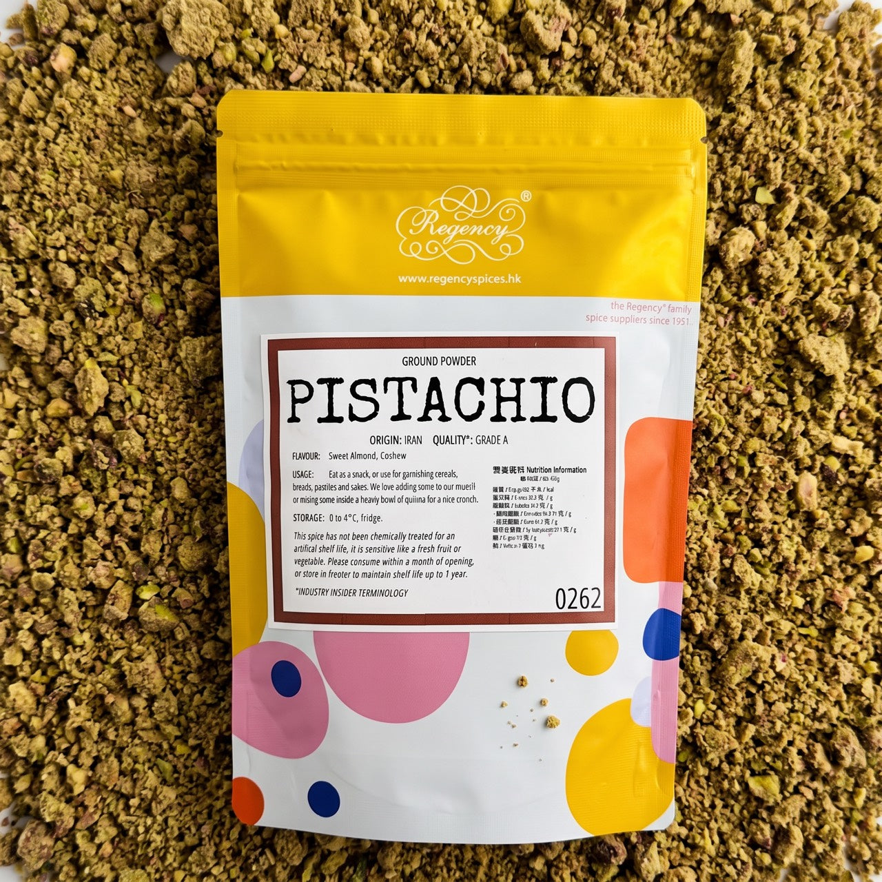 Pistachio Flour Regency packaging on bed of pistachio flour