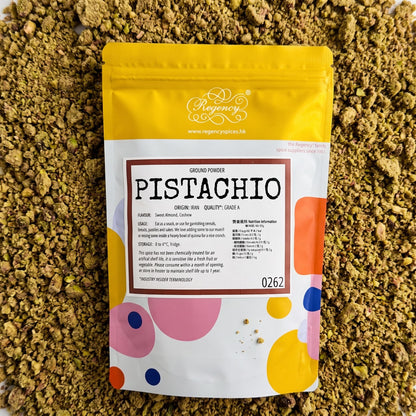 Pistachio Flour Regency packaging on bed of pistachio flour