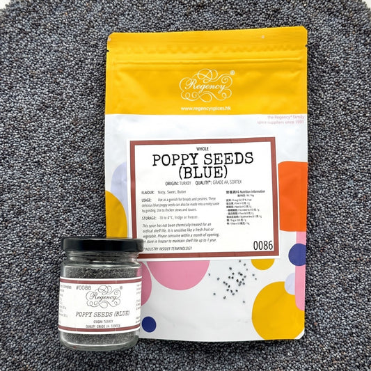 Poppy Seeds (Blue) Regency packaging on bed of poppy seeds