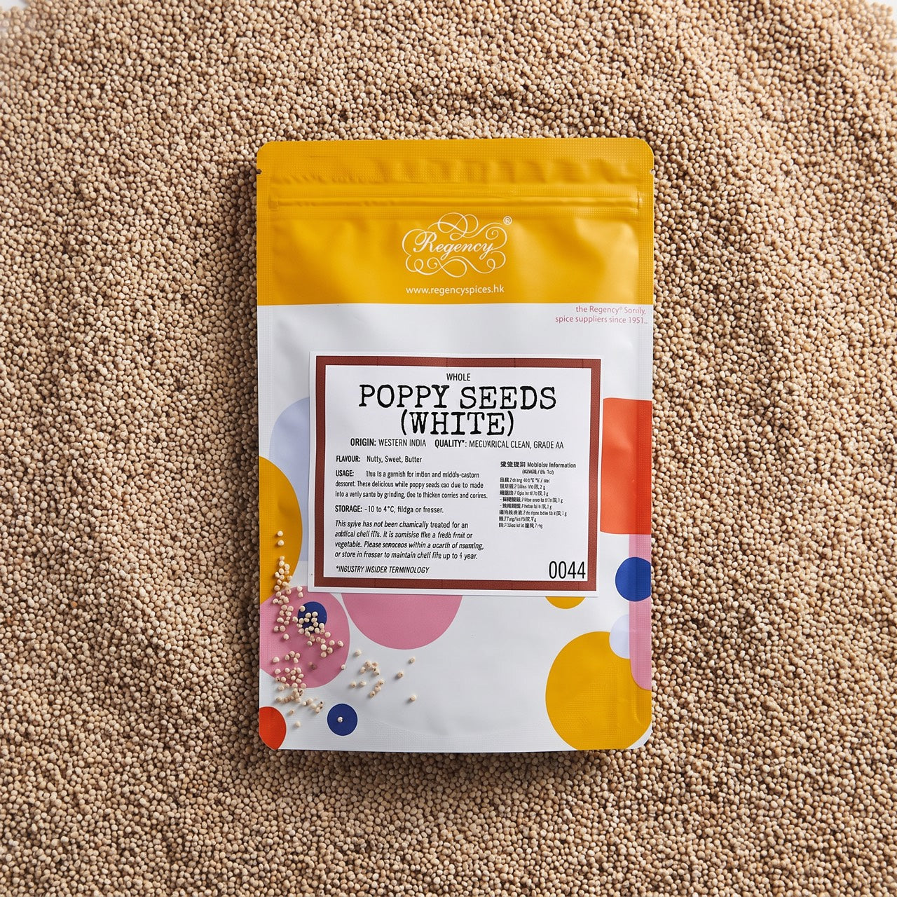 Poppy Seeds (White) Regency packaging on bed of poppy seeds
