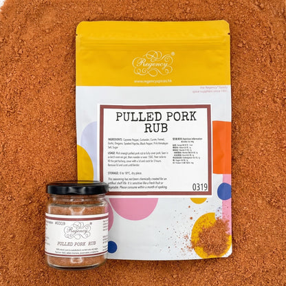 Pulled Pork Rub Regency packaging on bed of pulled pork rub
