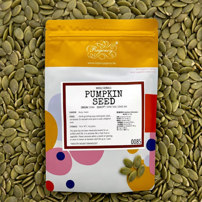 Pumpkin Seed Kernels Regency packaging on bed of pumpkin seed kernels