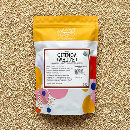 Quinoa (White, ORGANIC) Regency packaging on bed of quinoa