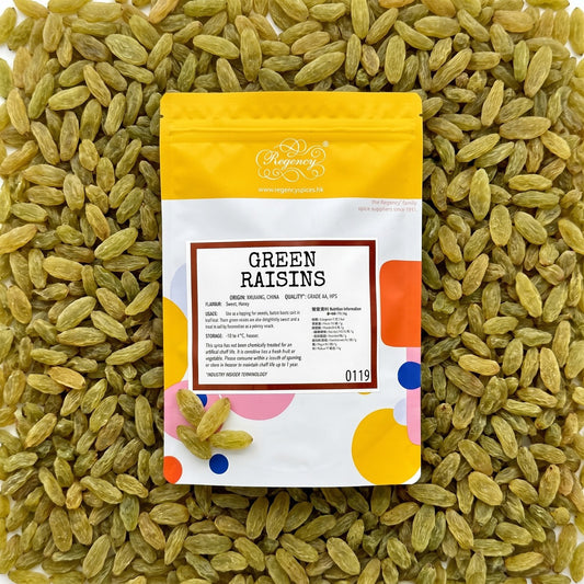 Raisins, Green Regency packaging on bed of raisins, green