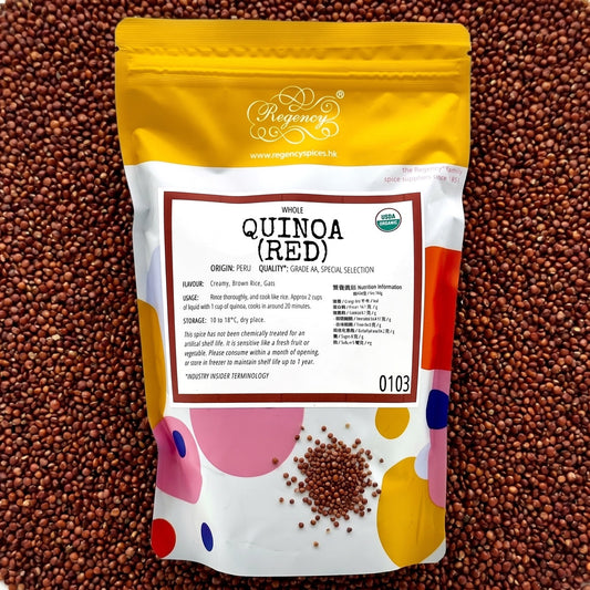 Quinoa (Red, ORGANIC) - Regency Spices packaging on product bed