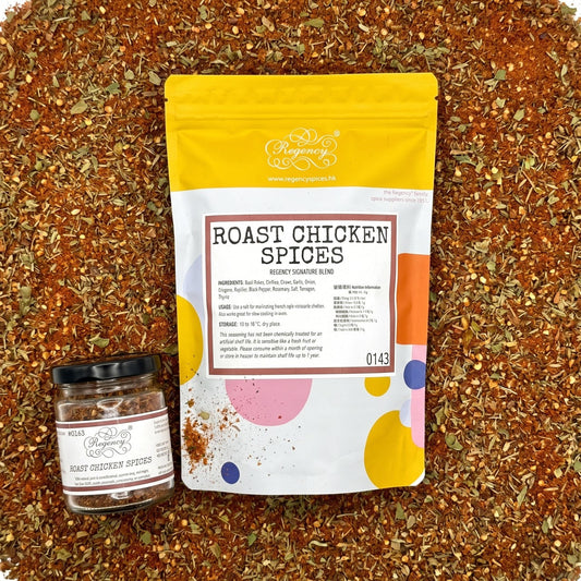 Roast Chicken Spices Regency packaging on bed of roast chicken spices