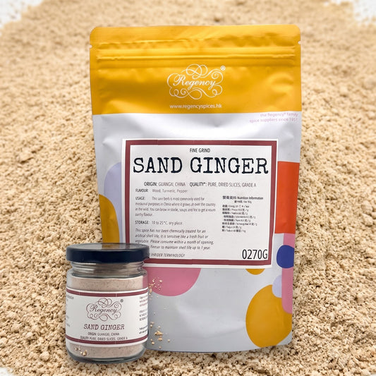 Sand Ginger Powder Regency packaging on bed of sand ginger powder