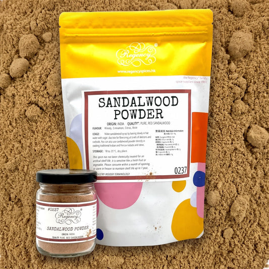 Sandalwood Powder Regency packaging on bed of sandalwood powder
