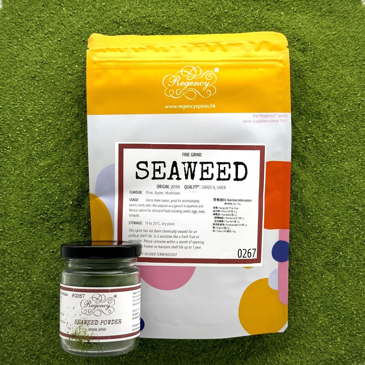 Seaweed powder Regency packaging on bed of seaweed powder