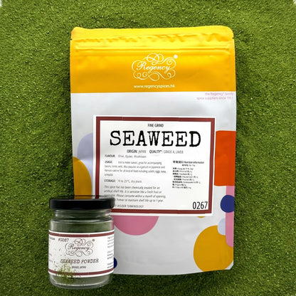 Seaweed powder Regency packaging on bed of seaweed powder