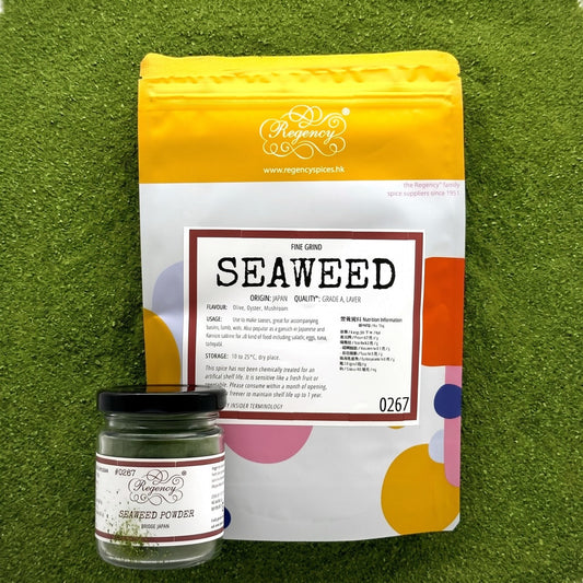 Seaweed powder Regency packaging on bed of seaweed powder