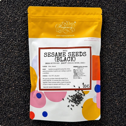 Sesame Seeds (Black) Regency packaging on bed of sesame seeds