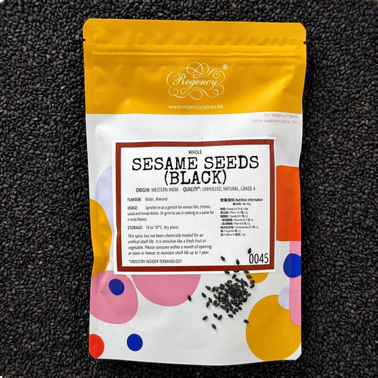 Sesame Seeds (Black) Regency packaging on bed of sesame seeds