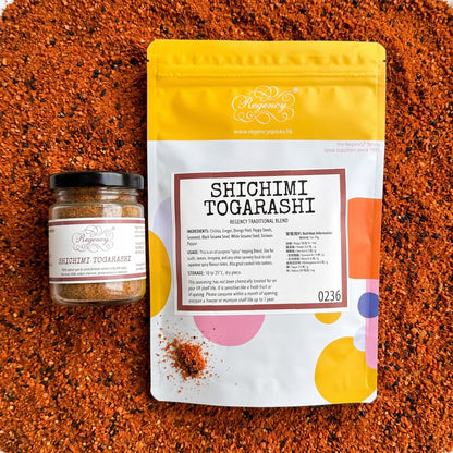 Shichimi Togarashi Regency packaging on bed of shichimi togarashi