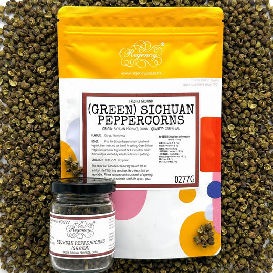 Sichuan Peppercorns (Green) Regency packaging on bed of sichuan peppercorns