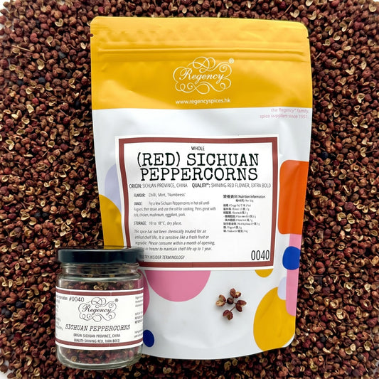 Sichuan Peppercorns (Red) Regency packaging on bed of sichuan peppercorns