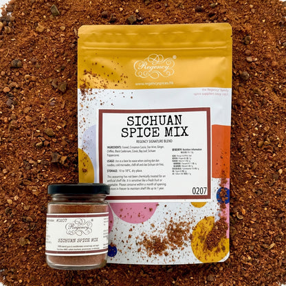 Sichuan Spice Mix - Regency Spices packaging on product bed