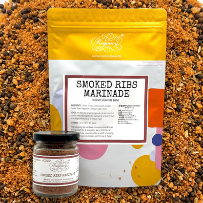 Smoked Ribs Marinade Regency packaging on bed of smoked ribs marinade