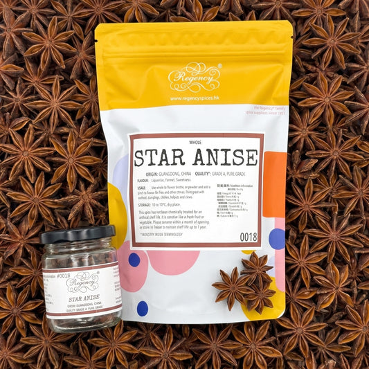 Star Anise Whole Regency packaging on bed of star anise whole