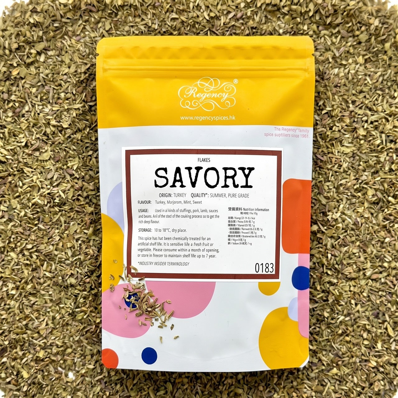 Summer Savory Flakes Regency packaging on bed of summer savory flakes