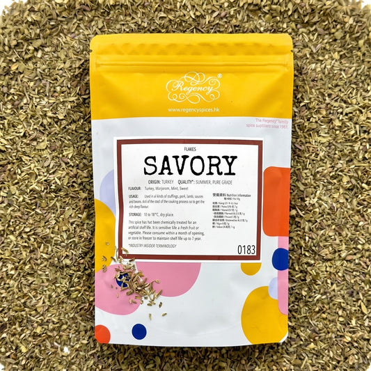 Summer Savory Flakes Regency packaging on bed of summer savory flakes