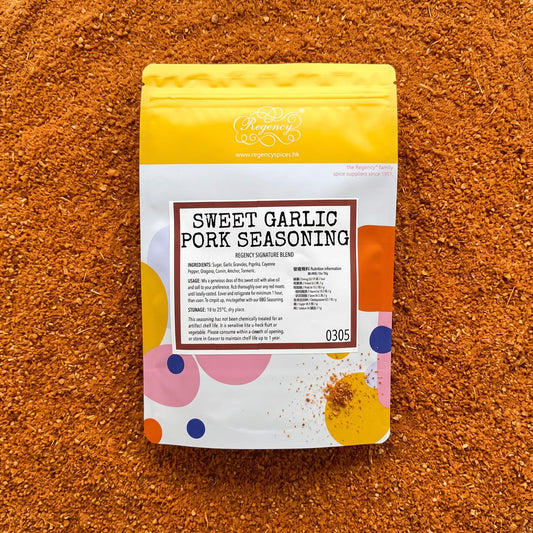 Sweet Garlic Pork Seasoning Regency packaging on bed of sweet garlic pork seasoning