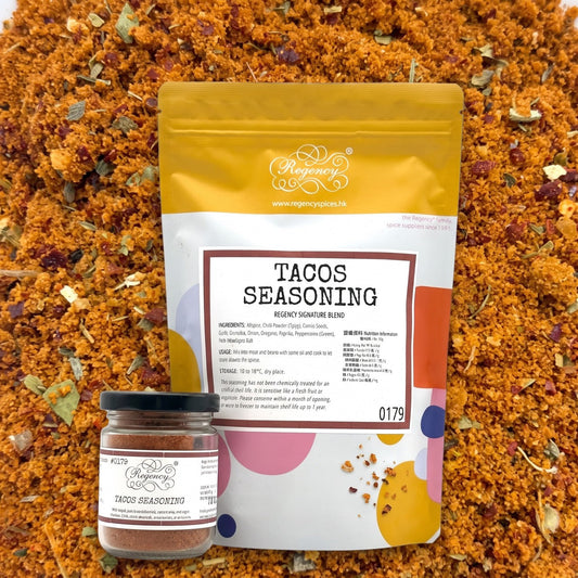 Tacos Seasoning Regency packaging on bed of tacos seasoning