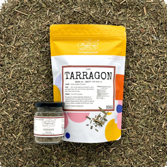 Tarragon Flakes Regency packaging on bed of tarragon flakes