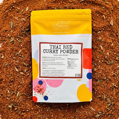 Thai Red Curry Powder Regency packaging on bed of thai red curry powder
