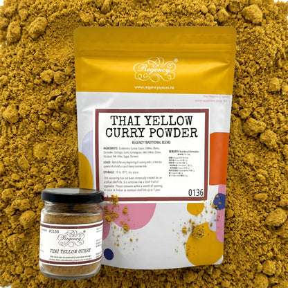 Thai Yellow Curry Powder Regency packaging on bed of thai yellow curry powder