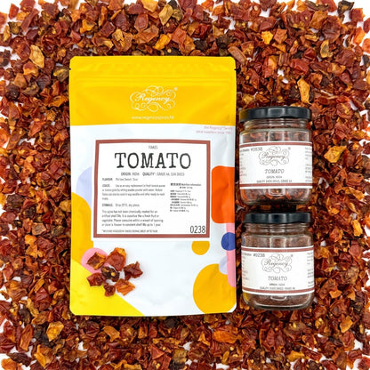Tomato Flakes Regency packaging on bed of tomato flakes