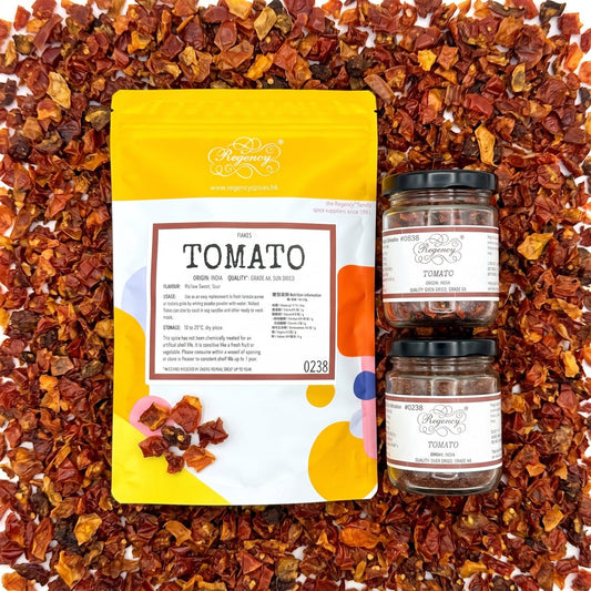 Tomato Flakes Regency packaging on bed of tomato flakes