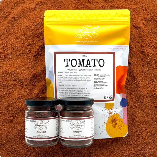 Tomato Powder Regency packaging on bed of tomato powder