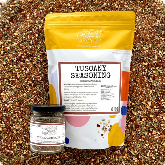 Tuscany Seasoning Regency packaging on bed of tuscany seasoning