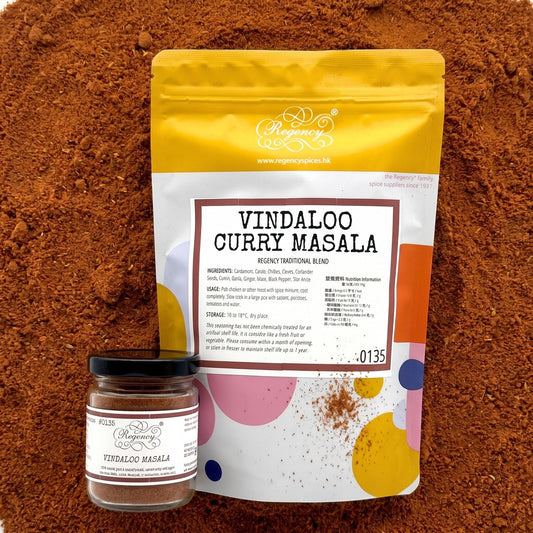 Vindaloo Curry Masala Regency packaging on bed of vindaloo curry masala